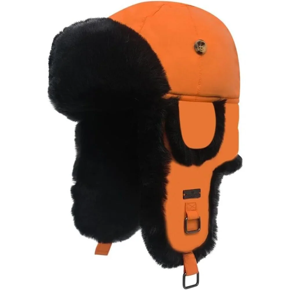 Unisex Orange Taslon Faux Fur Aviator Ski Trooper Pilot Ear Flaps Hat